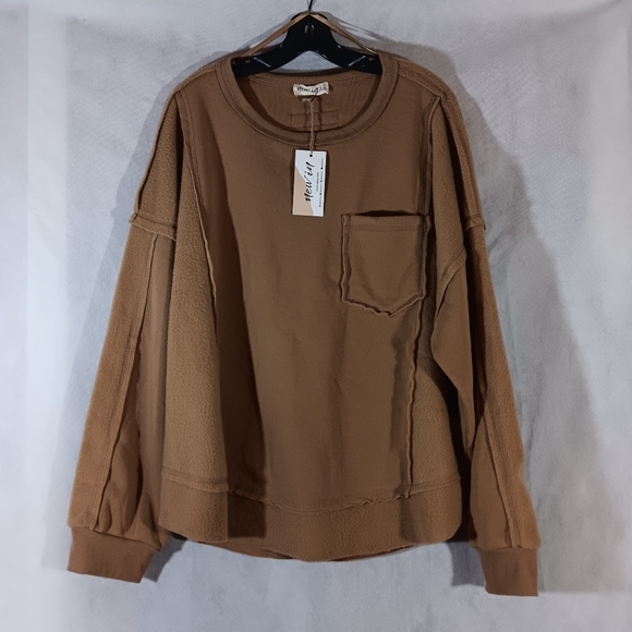 New In NWT Womens 2X Knit Top Contrast French Terry Oversize Tunic Mocha Boho - Picture 1 of 14